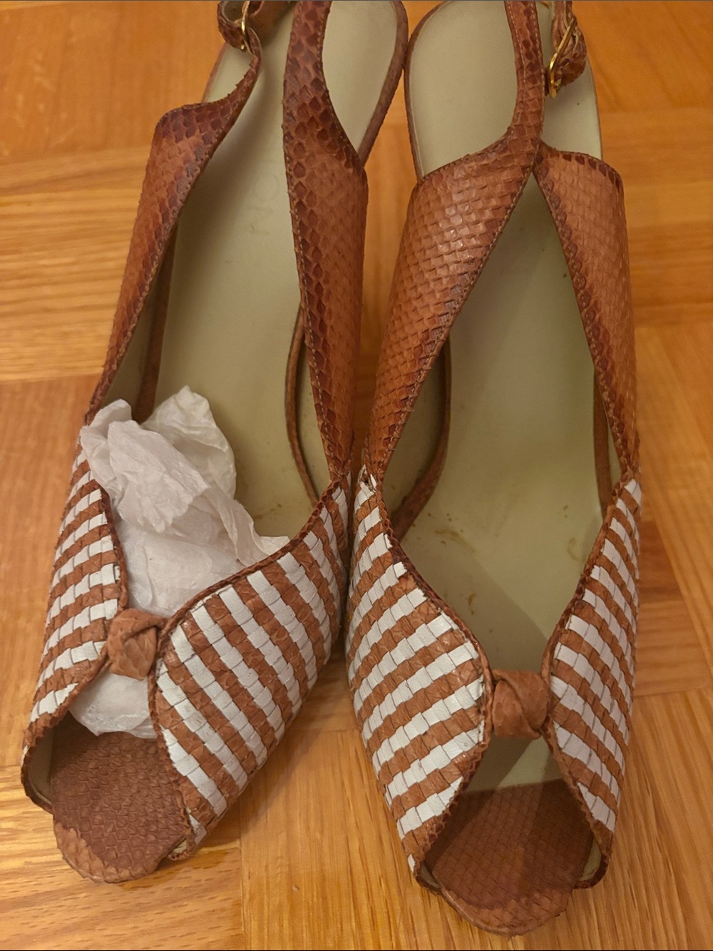 Womens Brown & White Striped Peep-Toe Slingback Heels